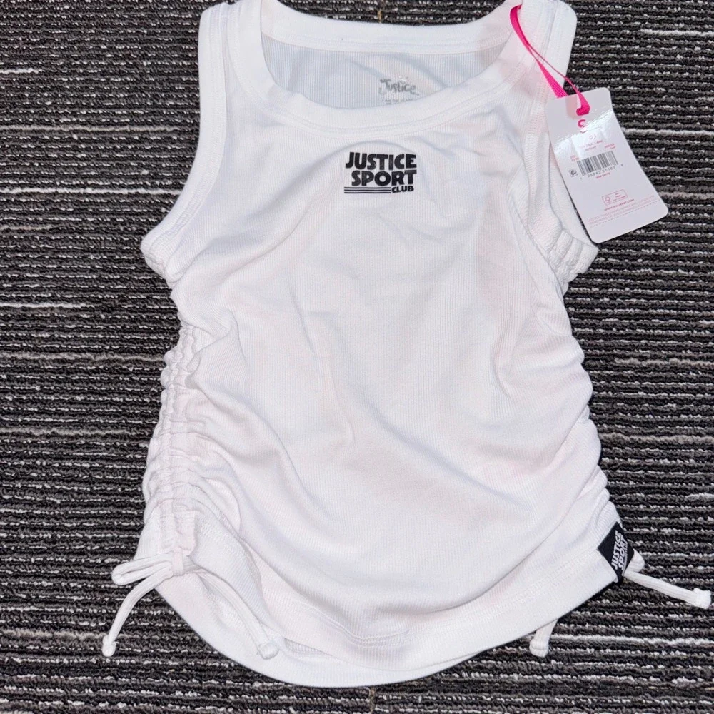 Justice Sport Cinch Side Tank Kids Size S 7/8 New White Ribbed Ruched Top